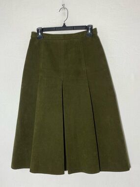 Vintage Mode De France Olive Green Faux Suede Pleated A Line Skirt M